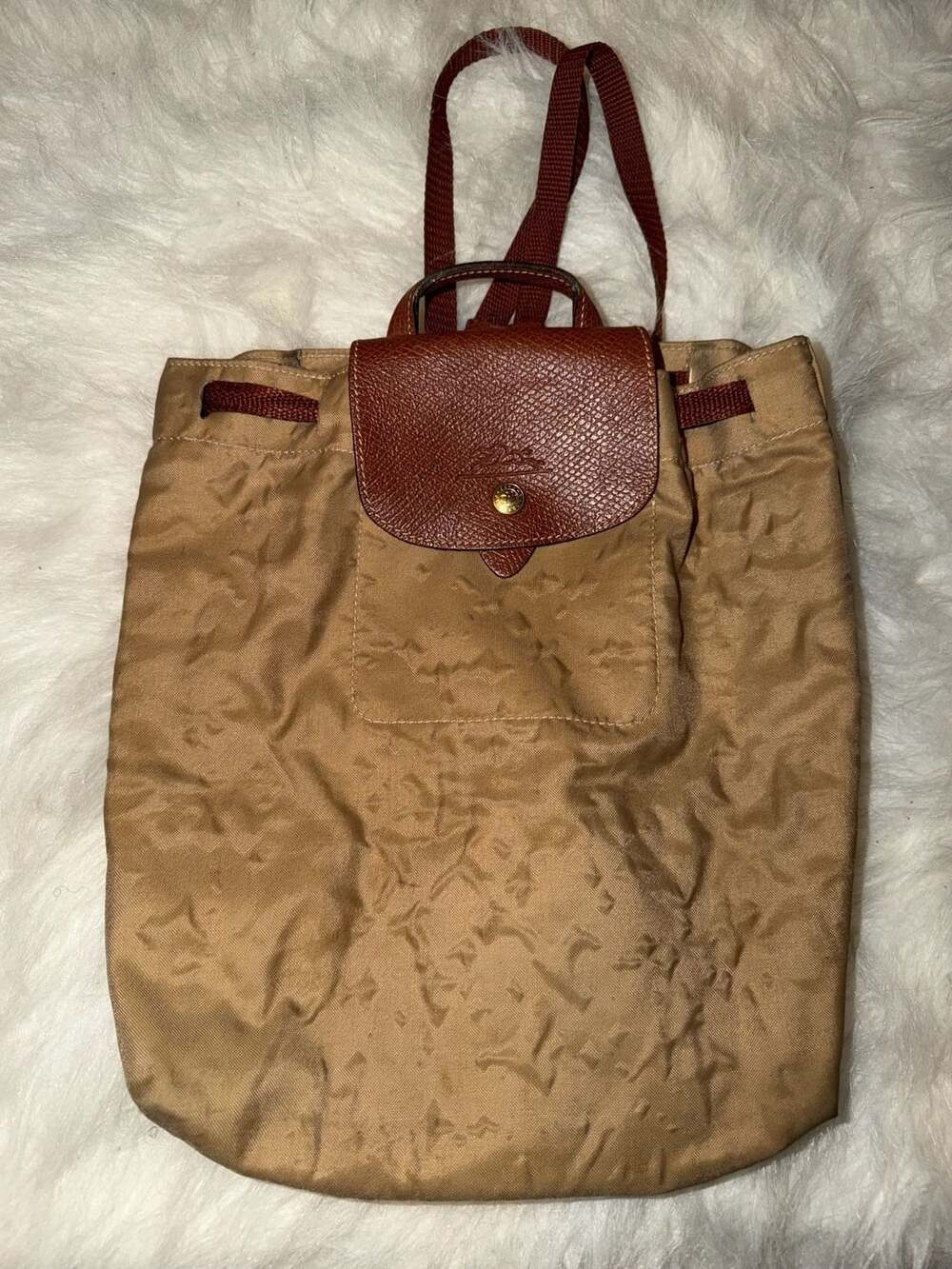 Longchamp Nylon Backpack Brown Leather Trim